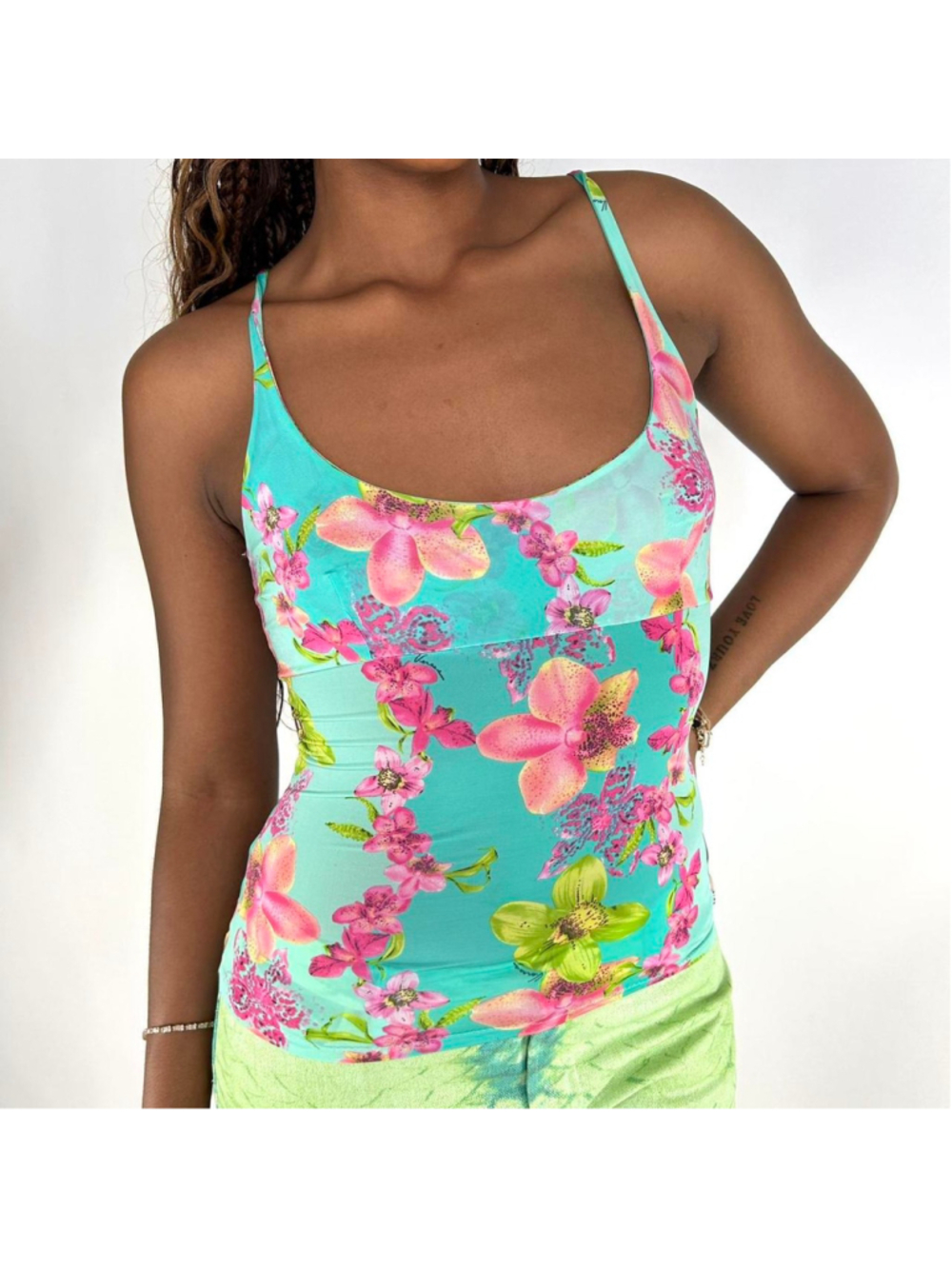 vintage Versace teal orchid print tank top